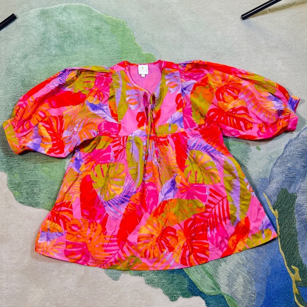 J. Marie Pink Tropical Palm Puff Sleeve Oversized Tunic Top JM3487 XS